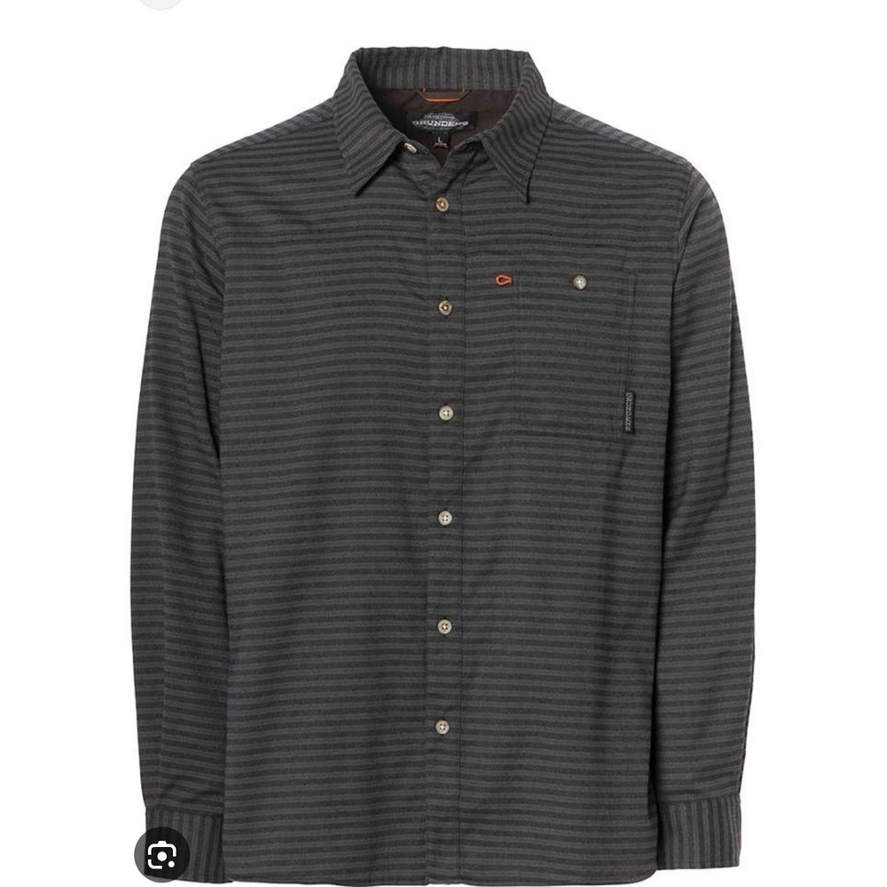 Grundens Shirt Flannel Steelhead Button Up Fishing Black Gray Iron Stripe Mens S